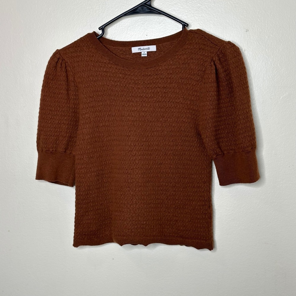 Madewell Sweater Puff-Sleeve Merino Wool Silk Blend Brown Short Sleeve‎ sz Small